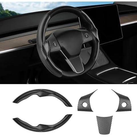Canvcle Steering Wheel Cover for Tesla Model 3/ Model Y Carbon Fiber Steering Wheel Wrap Kit Anti-Slip Steering Wheel Trim Protector Sticker Decoration Interior Accessories Black 5PCS Cover