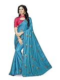 INDIA MADE Women's 2 Tone Sana Silk Embroidered Saree with Contrast Blouse Piece (Blue)-8575
