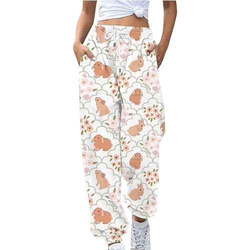Pantalones casuales sueltos para mujer, para correr, al aire libre, para primavera, Pascua, conejo, huevos de Pascua, pantalones casuales sueltos, pantalones de trabajo color verde azulado, blanco,