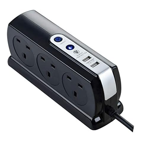 Masterplug SRGDSU62PB-MP Six Socket Switched Inline Power Surge Protected Extension Lead with Two USB Charging Ports, 2 Metres, Gloss Black, 6.2 cm*8.7 cm*20.6 cm Cover