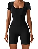 AURUZA Rompers for Women Workout Seamless Romper Yoga Ribbed One Piece Tank Tops jumpsuits Short Sleeve Exercise Tummy Control Rompers Square Neck Leggings Romper, Black, M