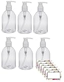 CLEAR PLASTIC PUMP BOTTLES - 16 OZ REFILLABLE with White Pumps - ORGANIZE Soap, Shampoo and Lotion with a Clean, Clear Look - PET, Lightweight, Leakproof, BPA Free - 6 Pack, BONUS 6 Damask Gift Tags