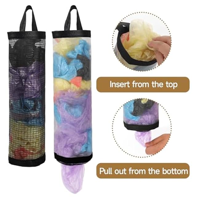 2 Pack Grocery Bag Holder Plastic Bag Holder Breathable Mesh Hanging Plastic Storage Bags Holder Plastic Bag Organizer Trash Bag Organizer, 11x7.7, Black, 577259_1_R2z9apUQ6
