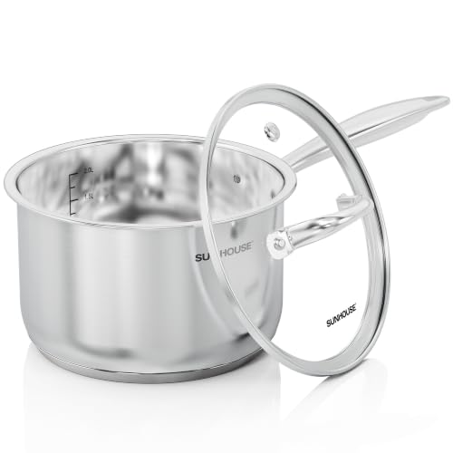 Image of Sunhouse: Stainless Steel Saucepan - Advanced: 3 Quart - Tempered Glass Lid, 18 /10, 3-Ply Bottom, Round-Edge Pot, All Cooktops, Oven-Dishwasher Safe | 18 /10 Stainless Steel Pot For Cooking - Induction Compatible Milk Pan - PFOA Free, Oven & Dishwasher Safe Sauce Pan