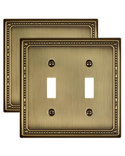 ZILLSEA 2-Pack Antique Brass Double Light Switch Cover Plates, 2