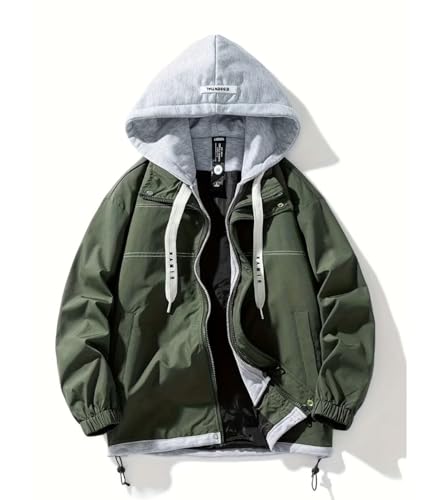 Image of FTIMILD Mens Fake Two Pieces Windbreaker Spring and Fall Vibrant Color Block Coat Lightweight Jacket with Hood