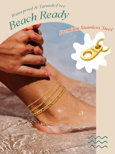 Image of FaithHeart Waterproof Ankle Bracelets for Women, 1 /2 /3Pcs Non Tarnish Stainless Steel Layered Anklet Set Paperclip Figaro Cuban Link Chain Dainty Summer Beach Jewelry Gift Adjustable Size