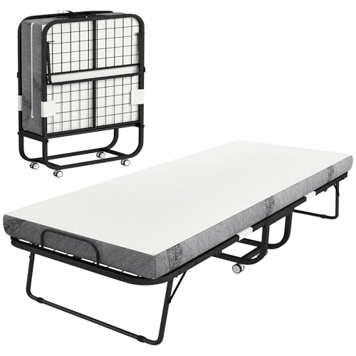 HOMCOM Brandina Pieghevole con Materasso 90x200 cm, Letto Pieghevole con Materasso 10 cm e Ruote Girevoli con Freno, Struttura Resistente in Acciaio per Ospiti Casa Ufficio, Carico 150kg, Nero