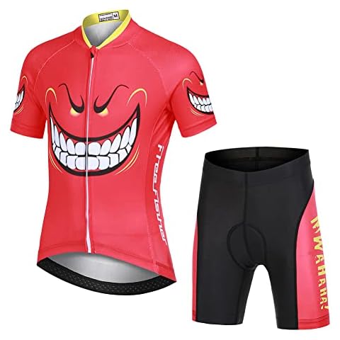 L PATTERN Kids Cycling Jersey Set Short Sleeve with 3D Padded Shorts Cartoon Road Mountain Bike Jersey Set for Girls Boys, Bared Teeth Red, 12-13 Years Cover