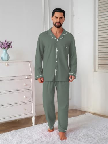 Image of QZH.DUAO Mens Pajama Set 100% Cotton Long Sleeve Button Down PJs