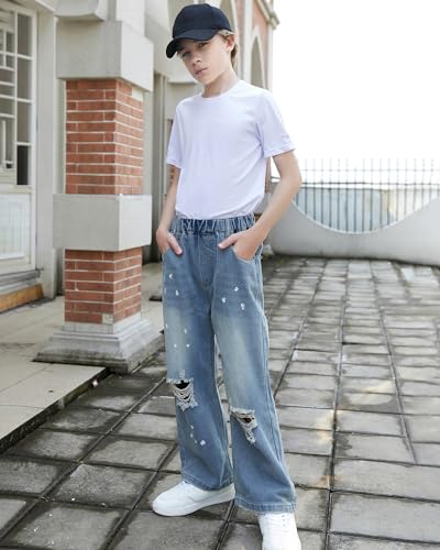 SANGTREE Boys Baggy Jeans Wide Leg Elastic Waist Casual Denim Pants for Boys,4-14years2