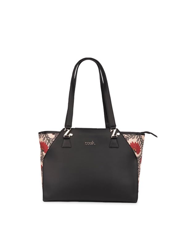 Image of ZOUK Printed Jute Handcrafted Vegan Leather Black Women's Check-point Friendly Classic Business Bag