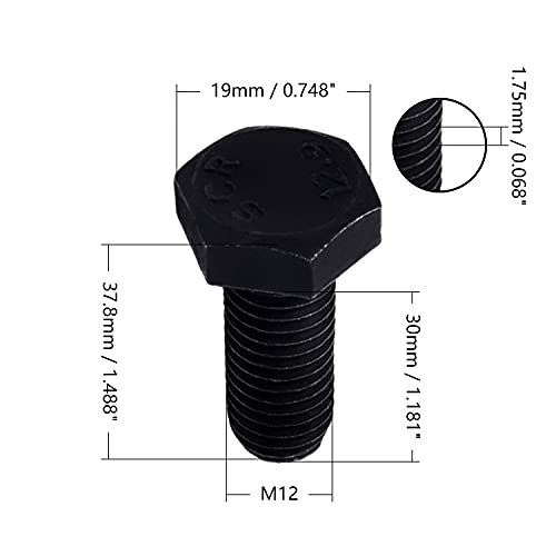 Image of Aicosineg 5Pcs M12 x 30mm Carbon Steel Grade 12.9 External Hex Head Screw Bolts Metric Fully Thread Hexagon Bolts Fastener Hex Bolts for Hardware Furniture Machinery Black 1.48x0.74x0.74inch