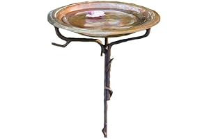 Ancient Graffiti Copper Birdbath with Iron Twig Stake