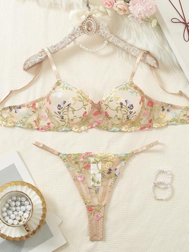 Sexy Floral Embroidered Flower Mesh Underwire Push Up Lingerie Set2