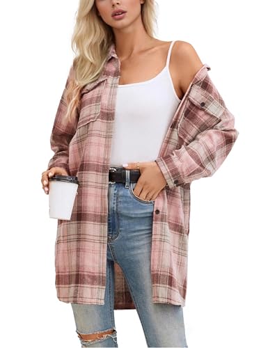SANGTREE Women and Girls Oversized Flannel Plaid Shirt Mid-Length Casual Button Down Shirt with Pockets