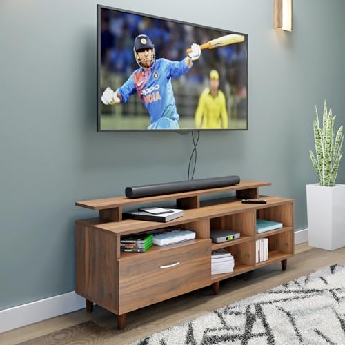 Image of VIKI Modern TV Unit for Living Room | Engineered Wood TV Cabinet with 1 Drawer Storage, 2 Open Shelves & Extension, Entertainment Unit, 140W x 48H x 40D cm | DIY | 1 Year Warranty (Walnut)