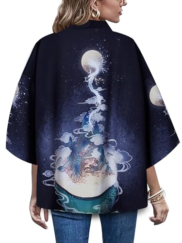 Image of LAI MENG FIVE CATS Women's Floral Print Loose Blouse Japanese Kimono Tops | Puff Sleeve,Cover up Top,Casual Cute Tops,Summer Cardigans 2026