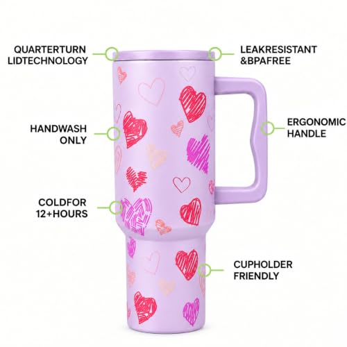 Image of CYNVEXA Tumbler with lid and Straw 1200ML Cup Stainless Steel Vacuum Insulated Tumbler for Water, Iced Tea or Coffee 1.2L Office Gym Travelling (Purple Heart)
