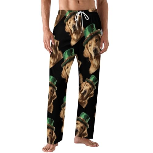 St Patricks Day Green Hat Golden Retriever Men's Pajama Pants Soft Loungewear Bottoms Sleepwear with Drawstring