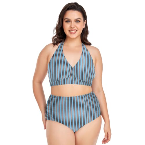 Bikini grande taille rétro bleu marron rayé idéal pour vos vacances à la mer