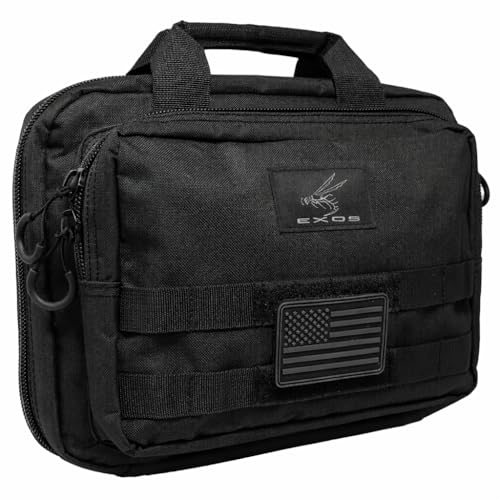 Exos Double Pistol Case - Tactical Double Soft Pistol Gun Bag - Handgun Carrying Case with Compartments - Hand Gun Storage Bag with MOLLE Webbing and Padded Interior - Designed in USA (Black)
