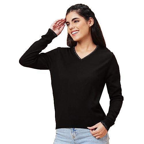 Image of Globus Women Black Solid V-Neck Casual Top-3638063002