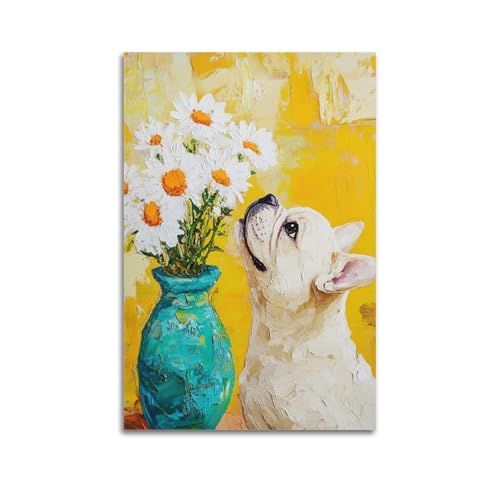 Decorazione da parete retrò a tema margherita con bulldog francese, poster da appendere, decorazione per la casa per soggiorno e camera da letto 40 x 60 cm