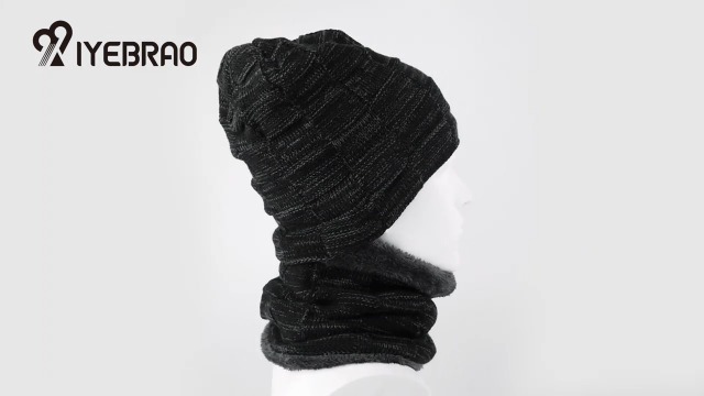 2点セット　Wool Knit Beanie (natural & black) IYEBRAO 2-Pieces Winter Beanie Hat Scarf Set Thick Fleece Lined