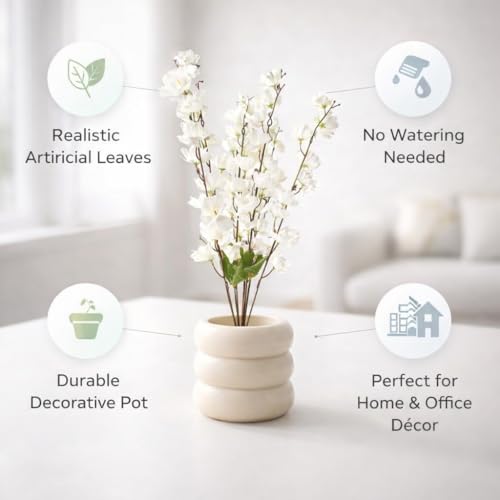 Image of Artificial White Flower Stems in Modern Ceramic-Style Pot Faux Blossom Arrangement for Home Decor, Living Room, Bedroom, Office Desk, Table Centerpiece & Interior Decoration