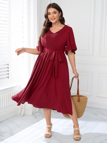 Image of SCOMCHIC Women's Plus Size Wedding Guest Dress Smocked V Neck Short Ruffle Sleeve Split Flowy Summer Cocktail Dresses