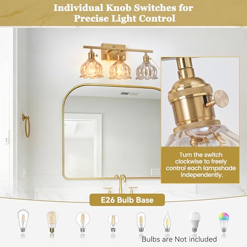 Image of 3-Light Amber Tulip Glass Vanity Light, Brushed Gold Vintage Bathroom Wall Sconce, 19.4 inch Antique Brass Hardwired Wall Lamp for Mirror, Powder Room, Bedroom (Individual Switches, Bulbs Not Included)