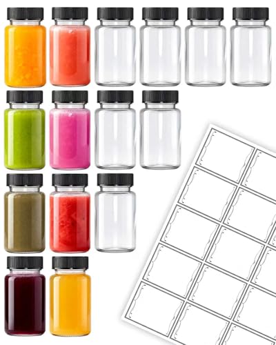 15 Pcs 2 Oz Glass Juice Shot Bottles With Black Caps & 15 Labels Reusable Small Wellness Ginger Shot Glass Bottles Jar With Lids For Juicing & Ginger Shots BPA-Free & Leak-Proof & Dishwasher Safe