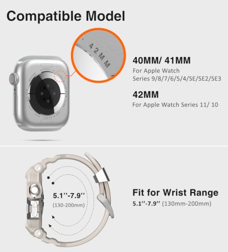 Image of ULTIMAL Rugged Band Compatible with Apple Watch Band 42mm Series 11 /10 with Case, Military-Grade Shockproof Strap for iWatch with Bumper Case Cover Men Women(Starlight)