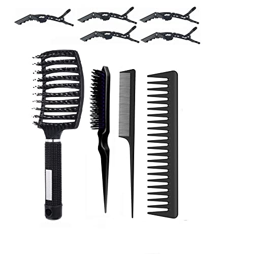 ABWXN Entlüftete Entwirrende Haarbürste Set Mit Wildschweinborsten Gebogene Haarbürste,Toupierbürste,Breiter Zahnkamm,Rattenschwanz Kamm und Haarspangen, für Naturhaar/ Welliges/Lockiges Haarstyling Cover