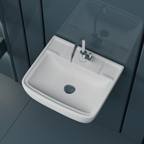 Image of LUXART Wall Mount Ceramic Wash Basin - Wall Hung Designer Vessel Sink - Bathroom Washbasin over counter For Hotel Home Living Room - Glossy Finish (15.5x13.5 Inch, White)