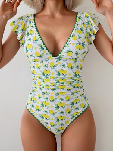 Image of Aidonger Women's One Piece Ruffle Swimsuit Tummy Control Bathing Suit V Neck Shell Stitched Swim Suit Slimming Swimwear