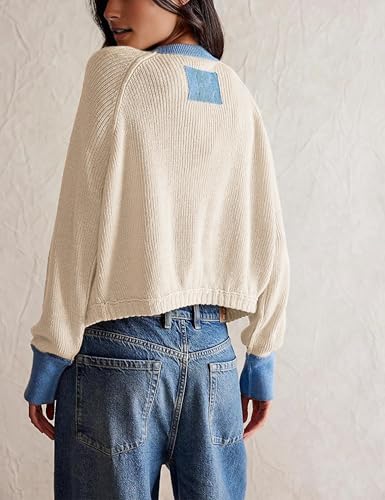 PUWEI Women's Color Block Cardigan Sweaters Button-Up Long Sleeve Cropped Knited Jacket Casual Round Neck Trendy Tops (Apricot-L)2