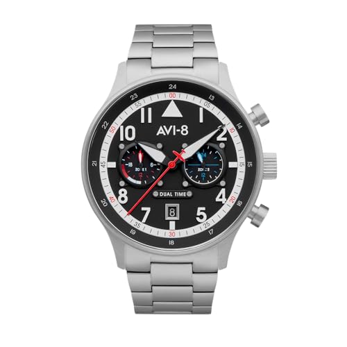 AVI-8 Herren 43.5mm Hawker Hurricane Carey Dual Time Rangoon Japanische Quarz Fliegeruhr mit Edelstahlarmband AV-4088-11