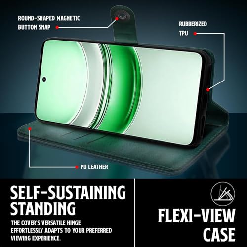Image of WOW IMAGINE Shock Proof Flip Cover Back Case for Realme C75 | Realme C73 | Narzo 80 lite 5G | P3 Lite 5G (Magnetic Button Flip Case | Wallet Pockets & Stand | Leather Finish | (Forest Green)