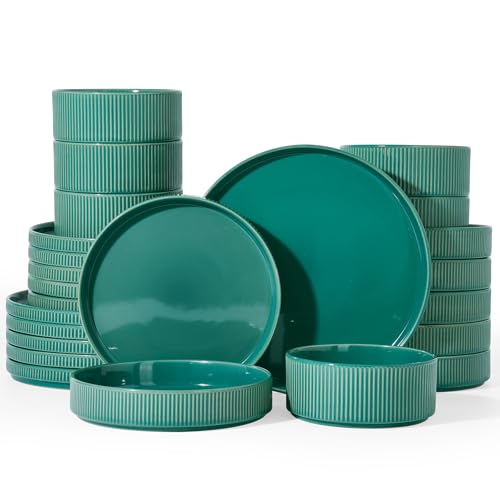 Image of Famiware Stoneware Dinnerware Set with Pasta Bowls, Sage Green Dishes for 6 | 24-Piece Ceramic Double Bowls & Flat Plates, Chip & Scratch Resistant, Microwave & Dishwasher Safe, Everyday Dining, Modern