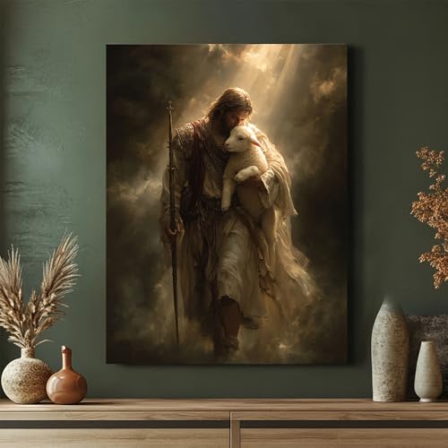 Toile Bon Berger cadeau chrétien idéal pour baptême et communion 40x50 cm