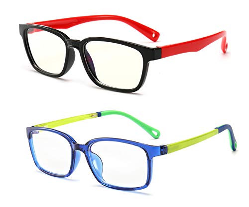 FOURCHEN Kids Blue Light Blocking Glasses 2 Pack,Anti Blue Light Glasses for Kids Computer Glasses,UV Protection Anti Glare EyeglassesGaming Glasses for Children (Bluegreen+BlackRed)
