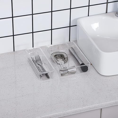 Image of Clear Plastic Drawer Organizers Set, 4-Size Versatile Bathroom and Vanity Drawer Organizer Trays, Storage Bins for Makeup, Bedroom, Kitchen Gadgets Utensils and Office (7 PC NEW SET)