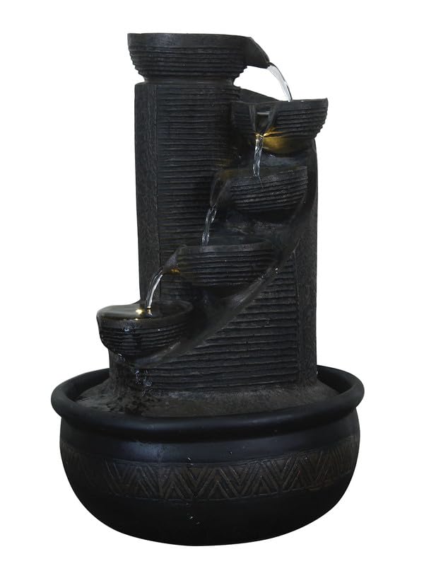 Image of Polyresin Black Designer Table Top Indoor 5 Artistic Steps Waterfall Fountain with Yellow LED Lights & Water Flow Controller Pump (Size: 41 x 25 x 25 CM | Weight: 1980 gram | Color: Black)