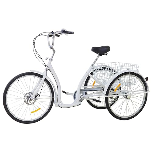 Dustuper Dreirad FüR Erwachsene, 26-Zoll-Dreirad (Scheibenbremse), Citybike-Dreirad, Sechs GäNge Einstellbar, SitzhöHe Verstellbar, Mit Korb, Belastbarkeit 120 Kg, Weiß