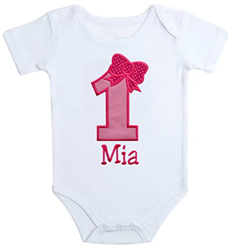 Funny Girl Designs Embroidered First Birthday Year 1 Bodysuit for Baby Girls Personalized with Your CUSTOM NAME (12 MONTHS SHORT SLEEVE, PINK)