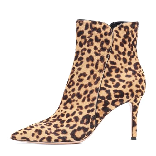RUIBAOBAO Botas de Mujer Tacones Altos Punta Puntiaguda Leopardo Stiletto Gamuza Cremallera Lateral Botas hasta el Tobillo Tacón Fino Media Pantorrilla Ocasión,Leopard,46