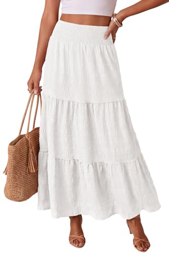 YURIONA Womens Boho Tiered Maxi Skirts 2026 Trendy Summer Smocked High Waisted Long Flowy A Line Midi Skirts with Pockets White XXL