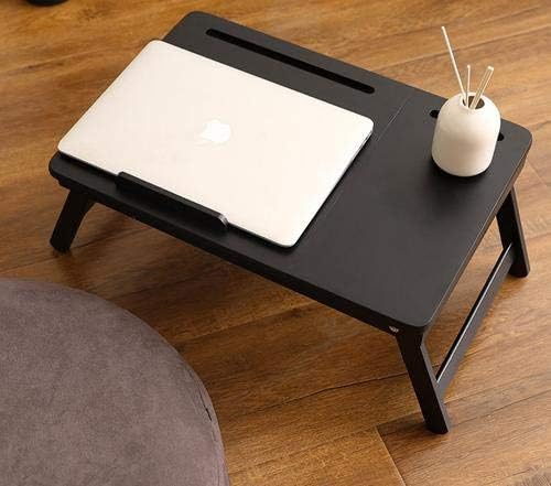 Image of Wooden Laptop Table Standard Adjustable Study Table with Laptop, Portable Lap Desk, Multifunctional Bed Table with Drawer and Folding Legs (Black)